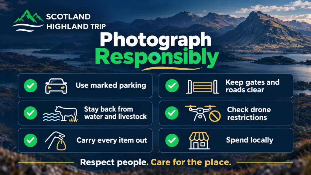 TikTok vs Reality: Are Viral Places in Scotland Worth Visiting? 4 Photograph Responsibly checklist for the Scottish Highlands: use marked parking, keep gates and roads clear, stay back from water and livestock, check drone restrictions, carry every item out, spend locally