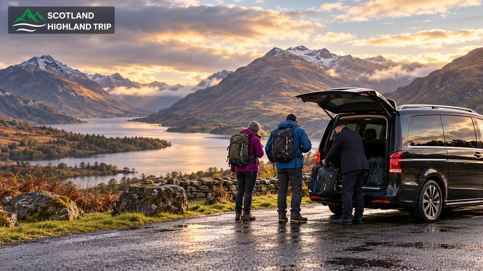 Luxury Adventure Holidays Scotland: Adventure Luxe in the Highlands 5 Private chauffeur loading walking gear beside a Highland loch at sunset