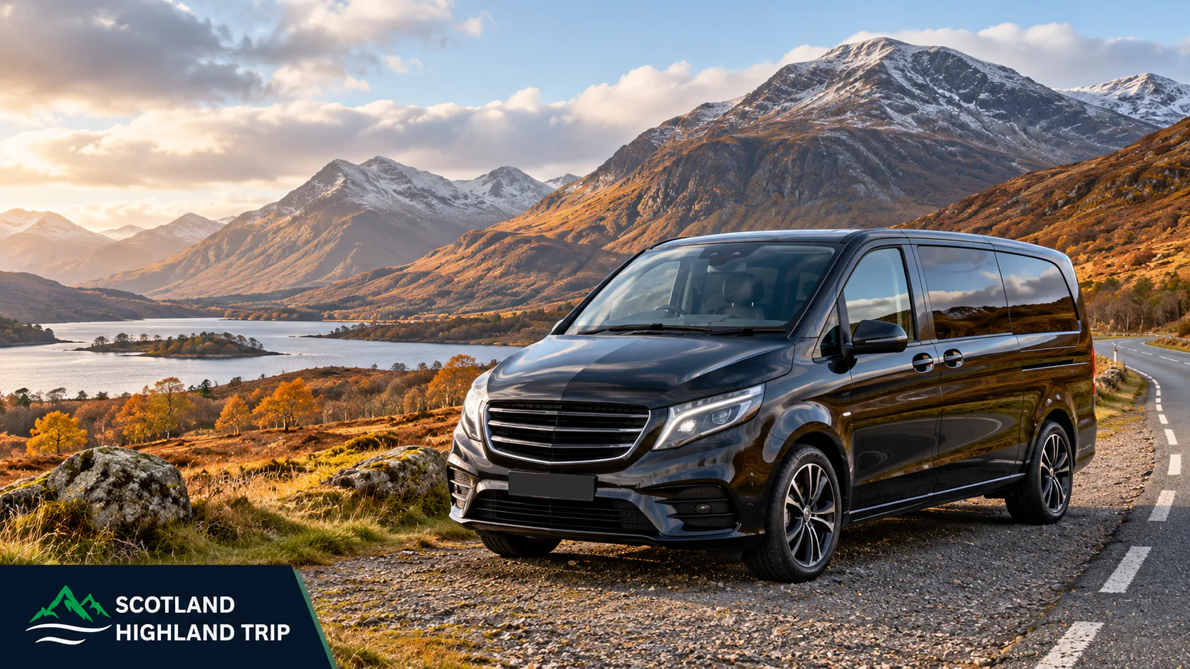 Speyside Whisky Day Trip for Visitors to Scotland 2 Black touring van beside a Highland road and mountains