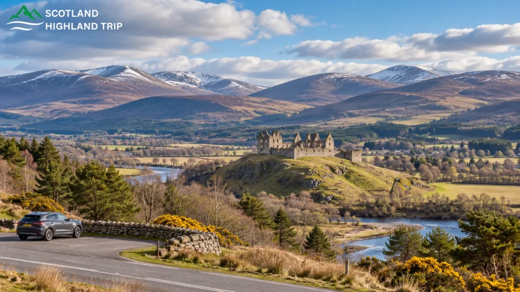 Ruins of Ruthven Barracks on a grassy hill above the River Spey valley with snow-dusted Highland mountains behind