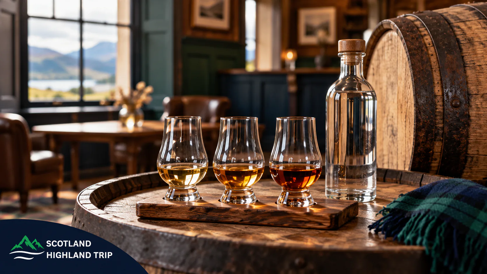 Speyside Whisky Day Trip for Visitors to Scotland 5 Whisky tasting glasses and a water carafe on a wooden tray beside barrels