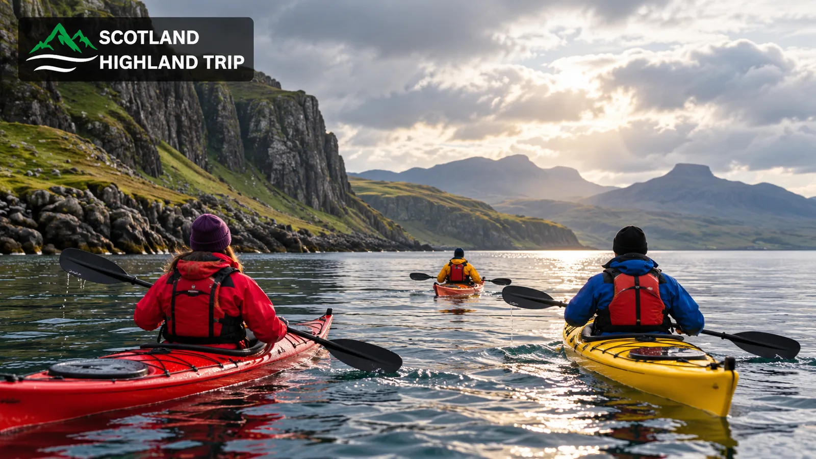 Luxury Adventure Holidays Scotland: Adventure Luxe in the Highlands 3 Three guided sea kayakers crossing calm water beneath Skye mountains