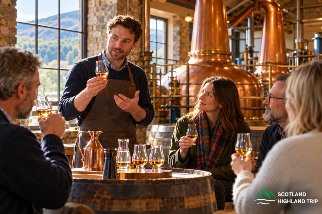Highland Events 2027 Worth Planning a Scotland Trip Around 1 Guide leading a whisky tasting for a small group around a barrel table in front of copper stills at a Speyside distillery