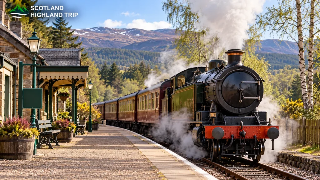 Black steam locomotive with maroon carriages pulling into a stone Highland railway station with mountains behind